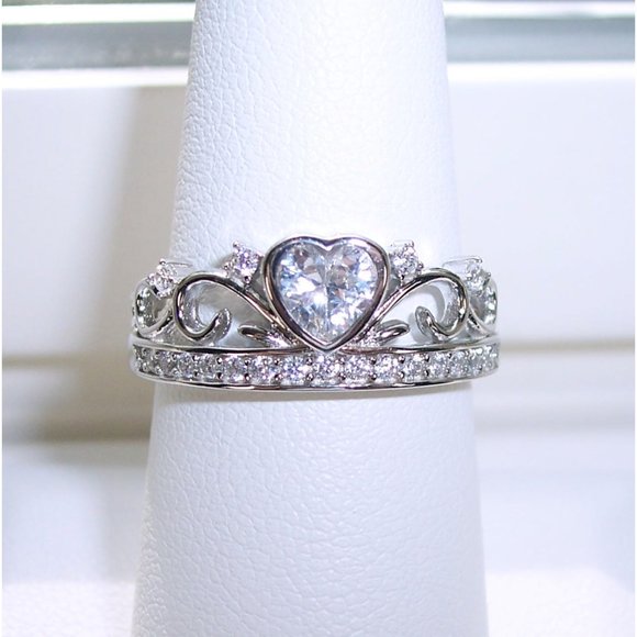 925 STERLING SILVER Heart Crown Tiara Cubic Zirconia Ring - Picture 14 of 16
